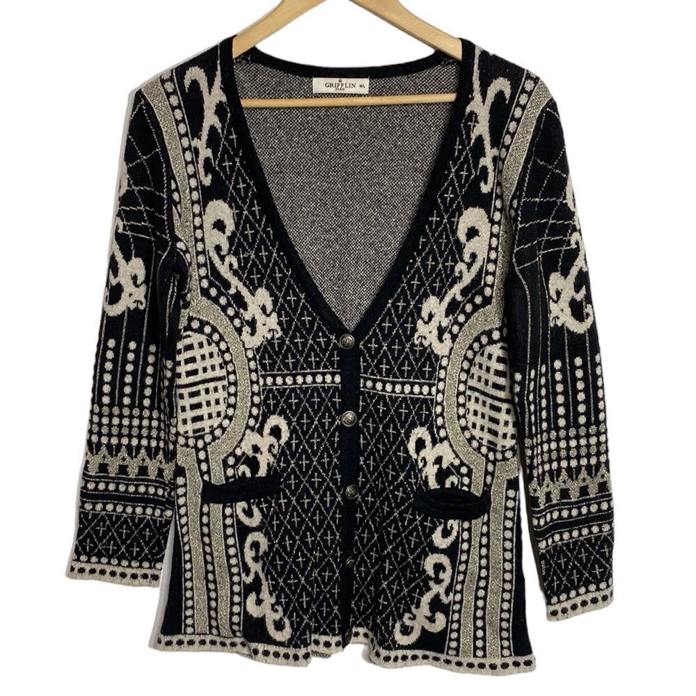 GRIFFLIN PARIS Abstract Angora Blend Button Down Cardigan Sweater